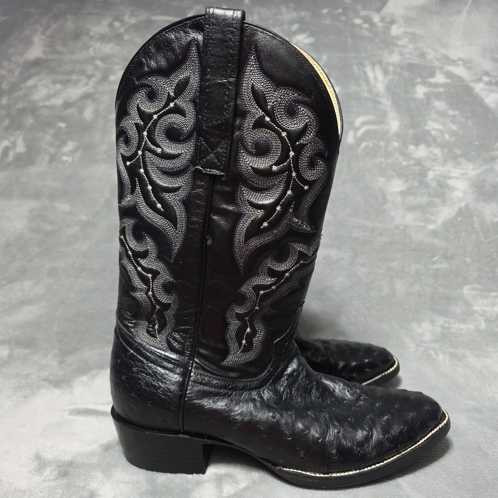 Vintage Circle G Black Ostrich Leather Men's Cowboy Boots Size 8.5 D EXC Country